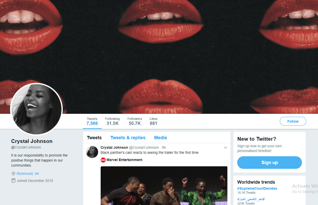 Screenshot Crystal Johnson profile